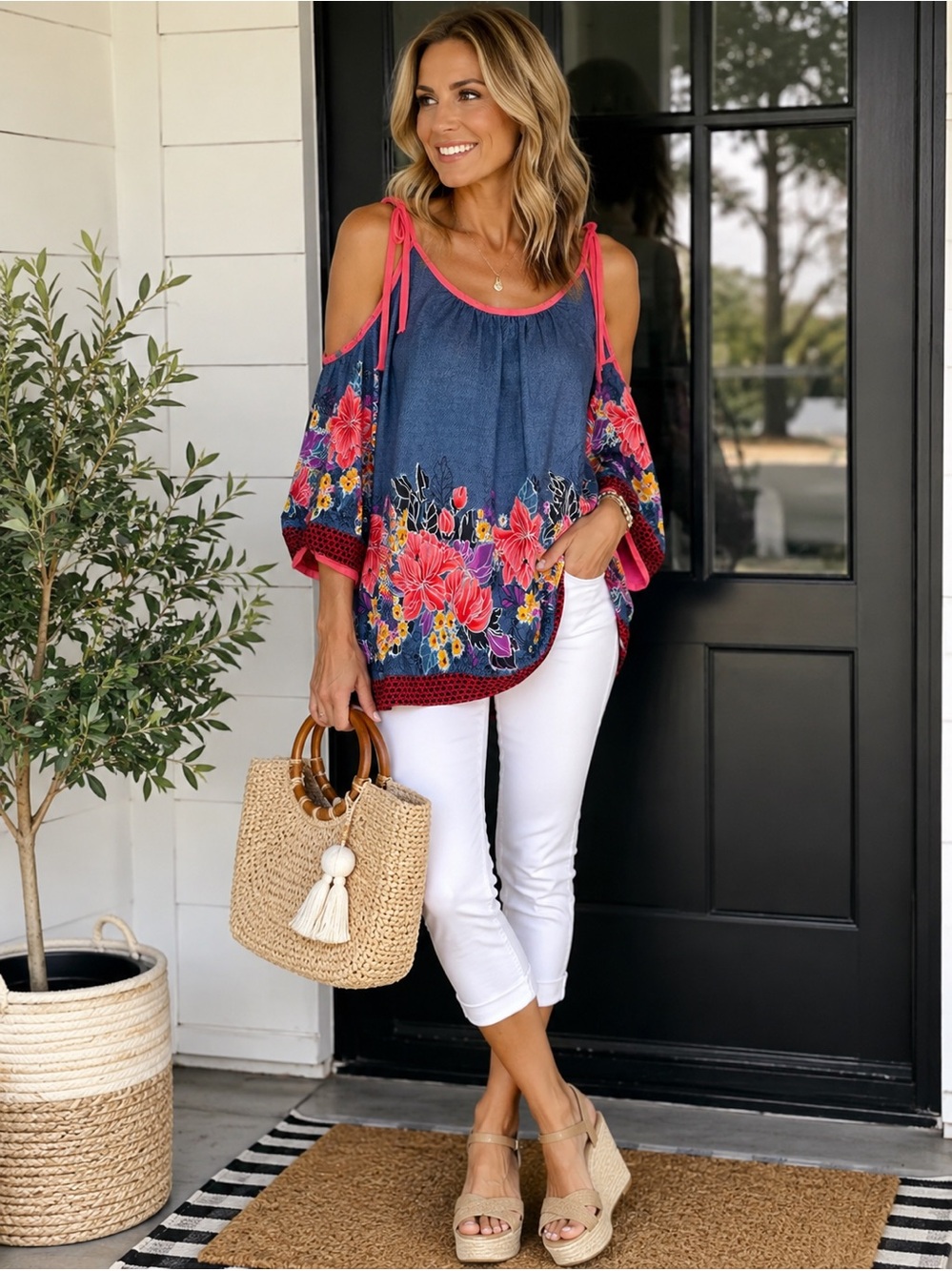 💘 Willa Floral Cold Shoulder Blouse Size Medium | Boho Navy Pink Floral Top